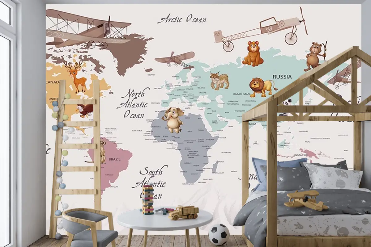 Renkli Kıtalar Öğretici Çocuk Odası Duvar Kağıdı