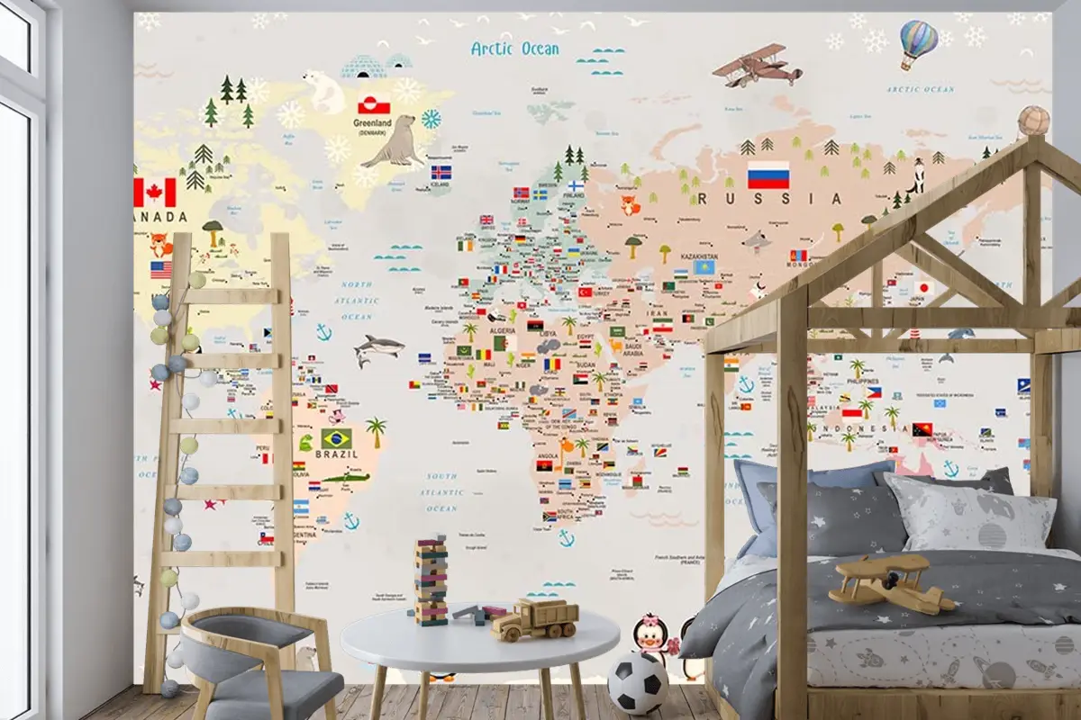 Renkli Kıtalar Ülke Isimleri Yazılı Çocuk Odası Dünya Haritası Çocuk Odası Duvar Kağıdı