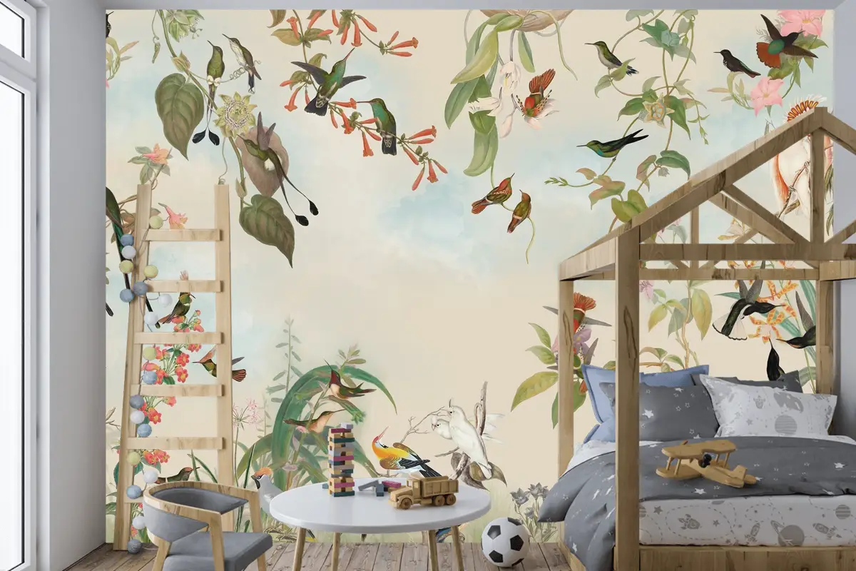 Renkli Kuşlar ve Çiçekli Tropikal Doğa Çocuk Odası Duvar Kağıdı