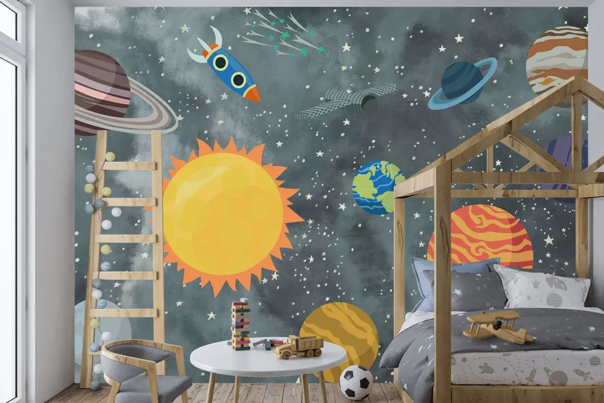 Renkli Uzay Sahnesi ve Roketler Temalı Çocuk Odası Duvar Kağıdı