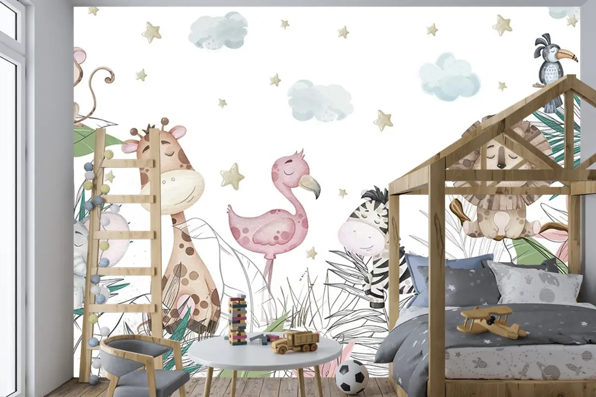 Renkli Yapraklar Sevimli Hayvanlar Çocuk Odası Duvar Kağıdı