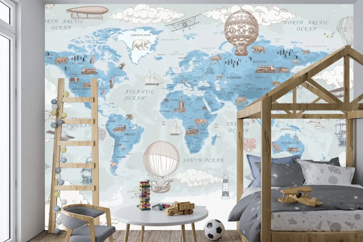 Retro Dünya Haritası Çocuk Odası Duvar Kağıdı