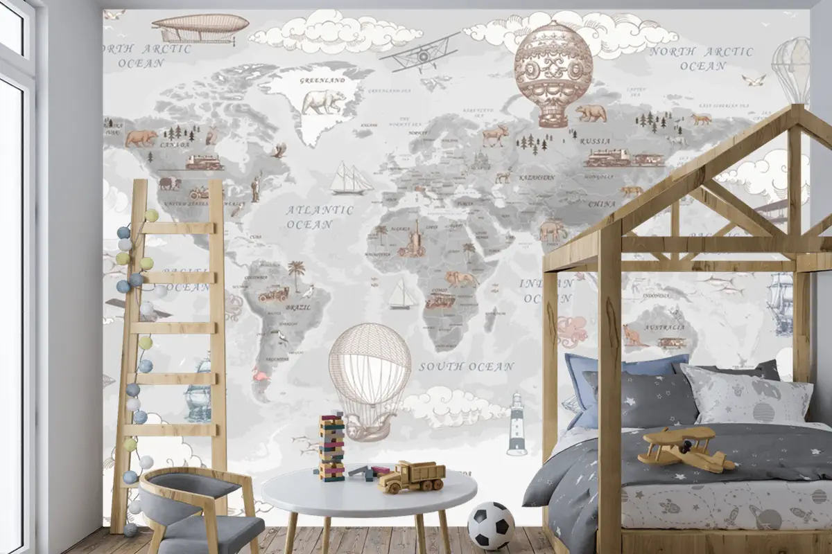 Retro Dünya Haritası Vintage Sıcak Hava Balonları Ve Uçaklar Çocuk Odası Duvar Kağıdı Retro Dünya Haritası Vintage Sıcak Hava Balonları Ve Uçaklar Çocuk Odası Duvar Kağıdı