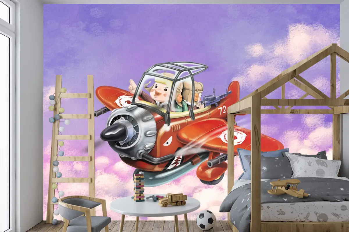 Kırmızı Uçağa Binmek Gökyüzünde Uçmak İki Havacı Çocuk Odası Duvar Kağıdı