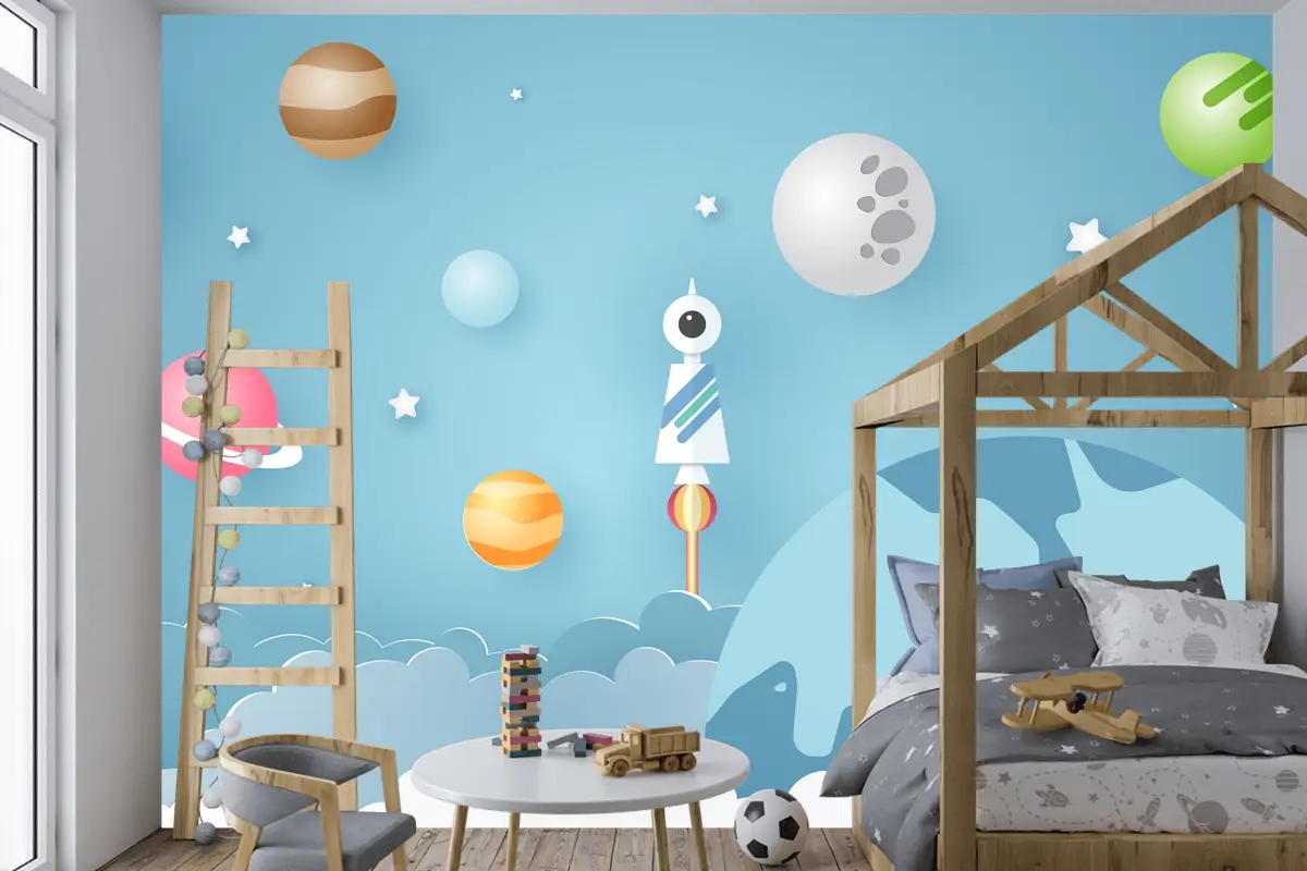 Roket Gezegenler Gibi Çeşitli Gök Nesneleriyle Çevrelenmiş Çocuk Odası Duvar Kağıdı
