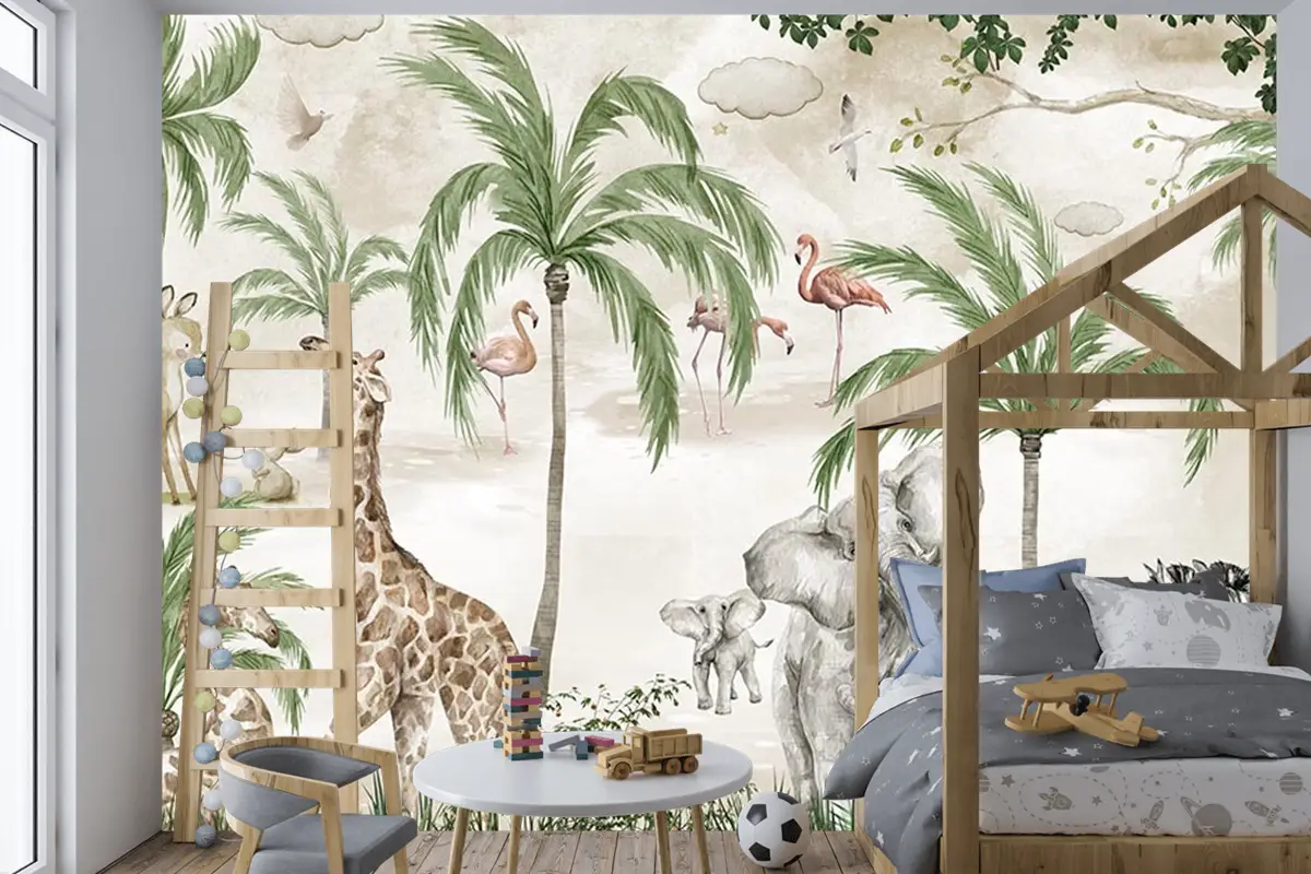 Safari Hayvanları Çocuk Odası Duvar Kağıdı Tropikal Safari Wallpaper
