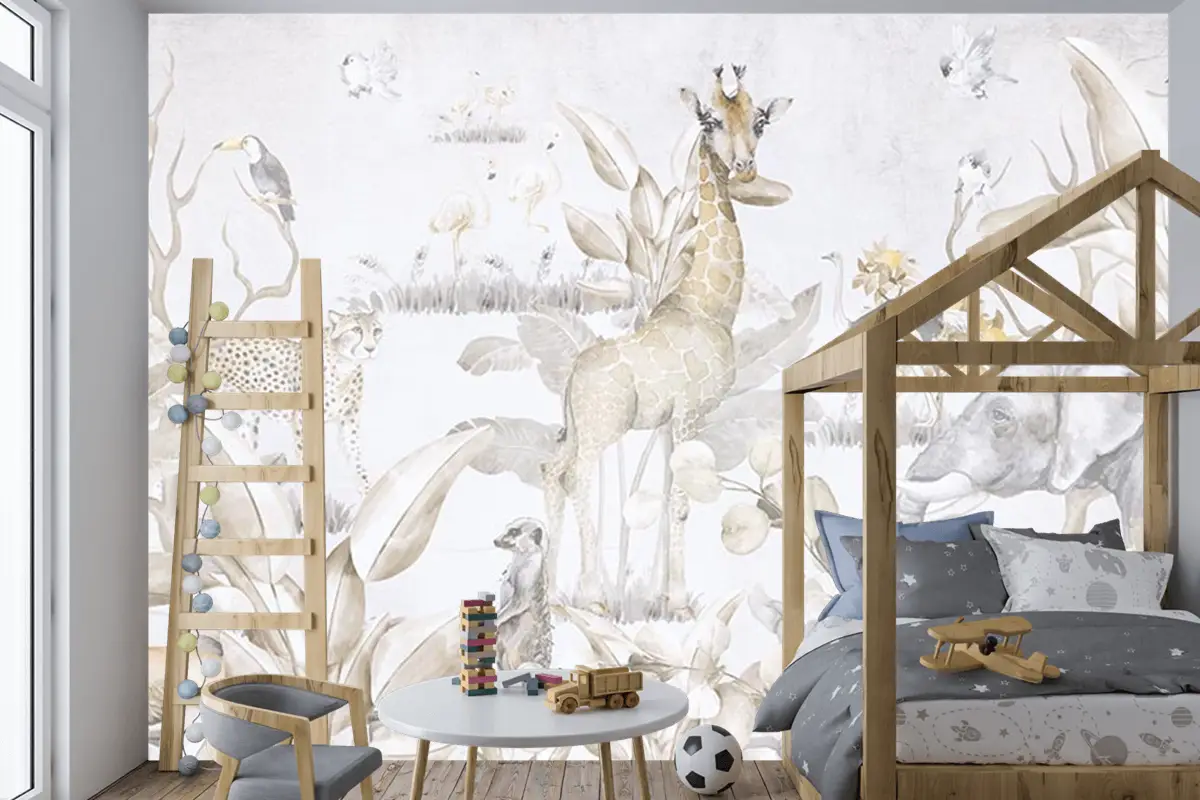 Safari Hayvanları Ve Ağaçlar Çocuk Odası Duvar Kağıdı