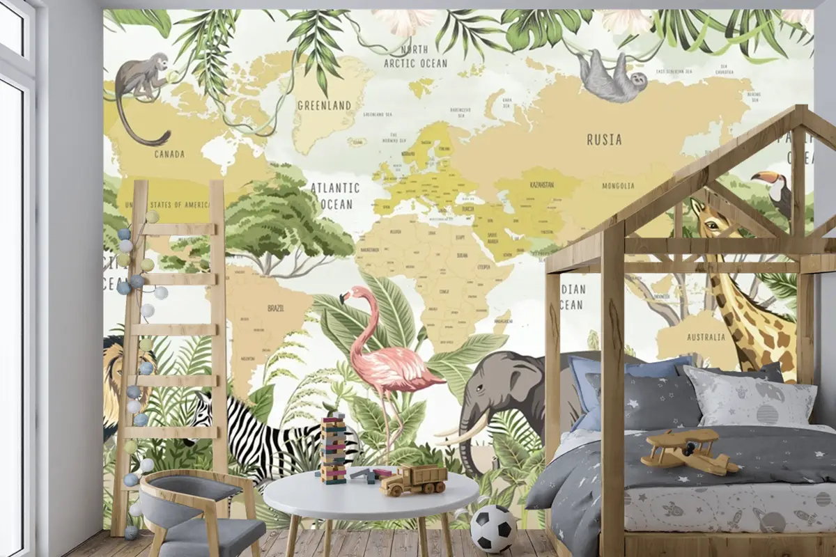 Safari Hayvanları Zürafa Zebra Aslan Flamingo Çocuk Odası Duvar Kağıdı