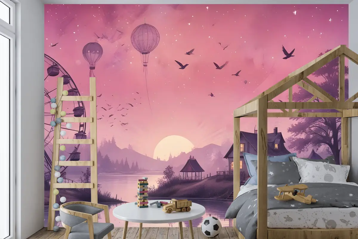 Dönme Dolap Ile Deniz Manzarası Çocuk Odası Duvar Kağıdı