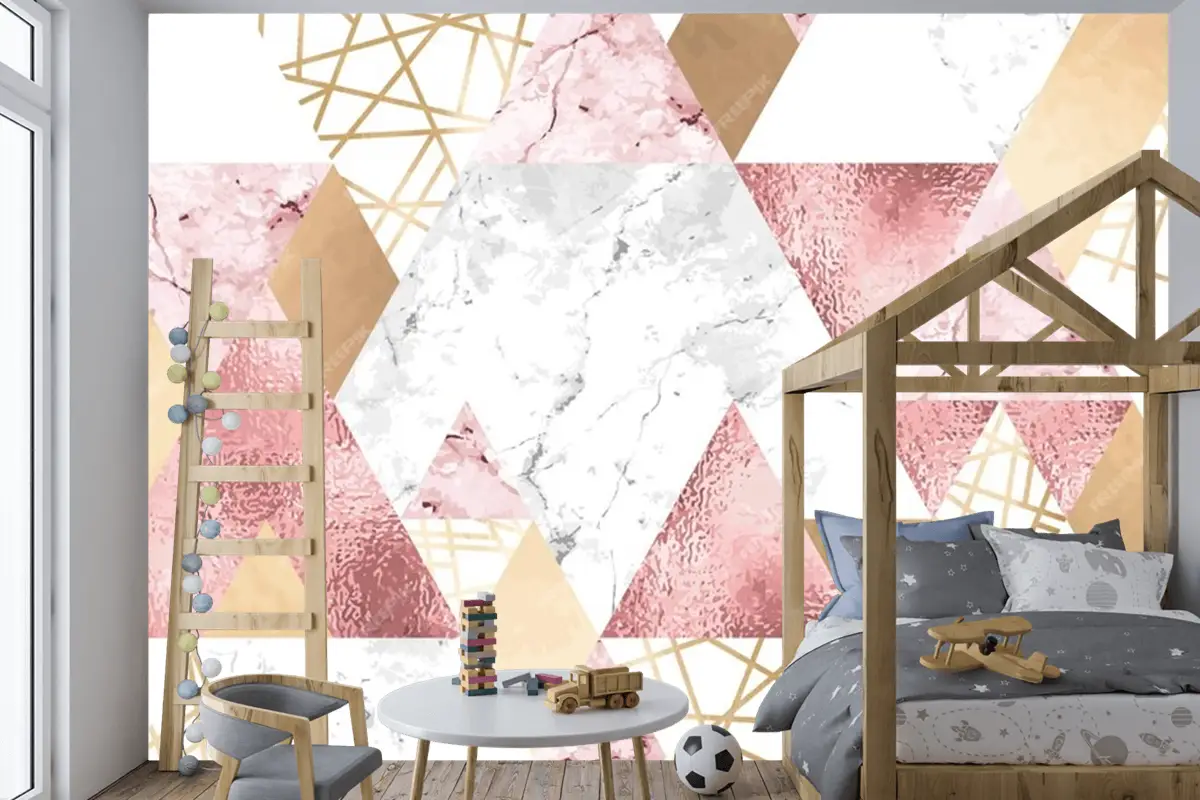 Metalik Çizgilerle Kesintisiz Geometrik Desen Gül Altın Gri Ve Pembe Mermer Üçgenler Çocuk Odası Duvar Kağıdı