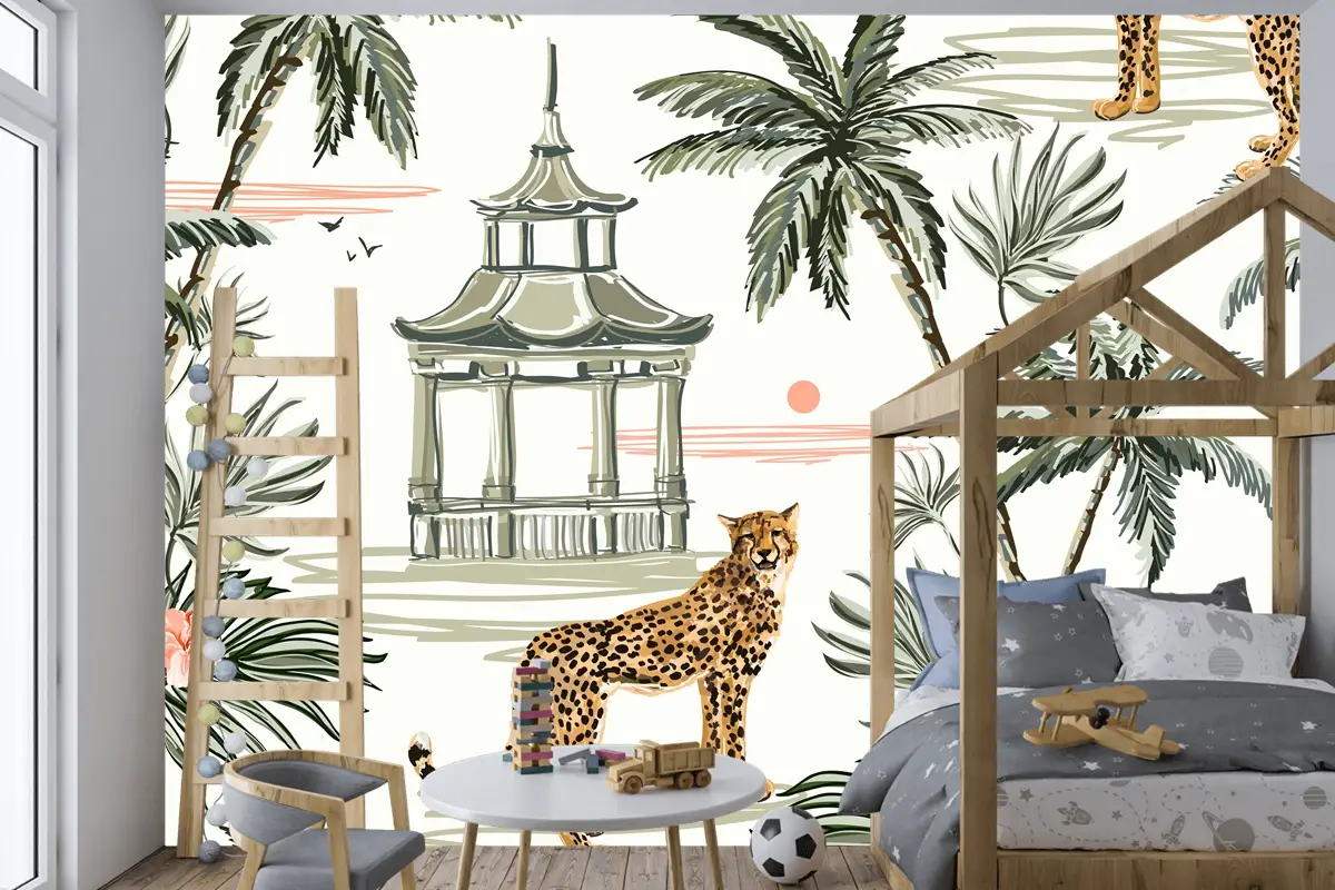 Hindistan Cevizi Palmiye Ağaçları Leopar Çocuk Odası Duvar Kağıdı Ile Dikişsiz Desen Arka Plan