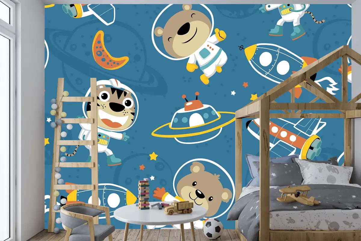 Uzay Taşımacılığındaki Komik Astronotun Kusursuz Deseni Çocuk Odası Duvar Kağıdı