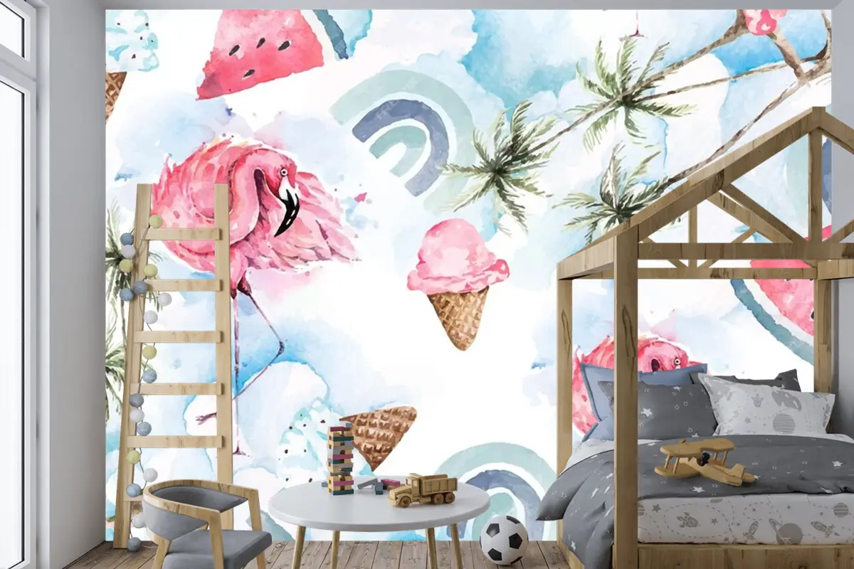 Dikişsiz Desen Palmiye Ağacı Ve Flamingo Çocuk Odası Duvar Kağıdı