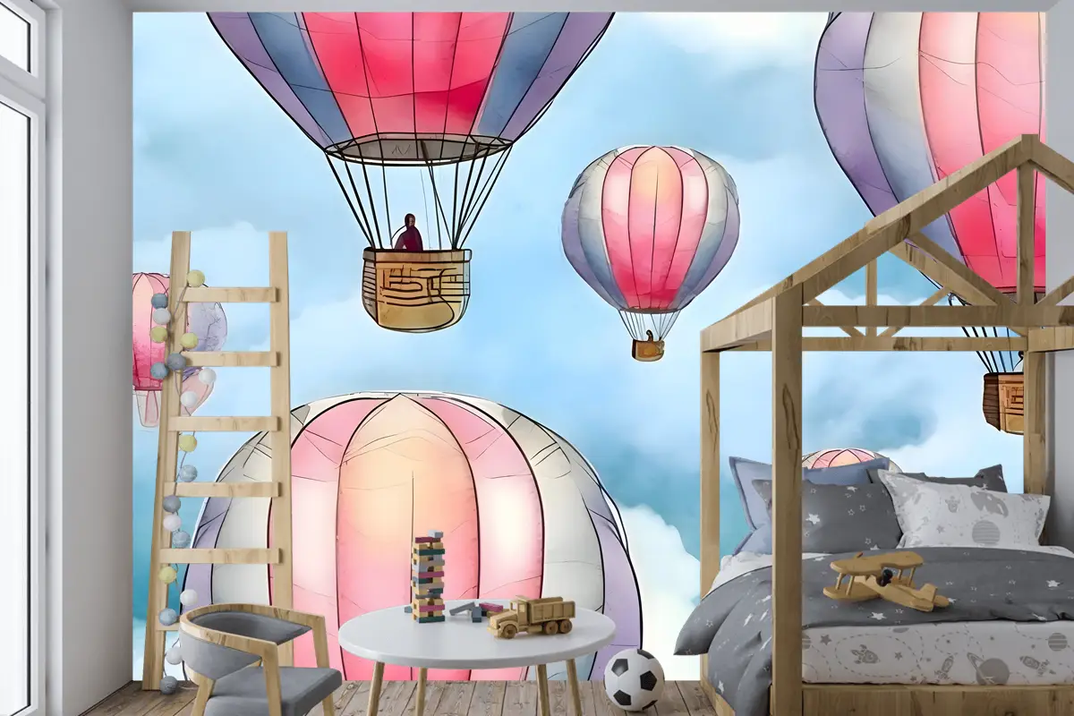 Gökyüzünde Renkli Sıcak Hava Balonları Ile Kusursuz Desen Çocuk Odası Duvar Kağıdı