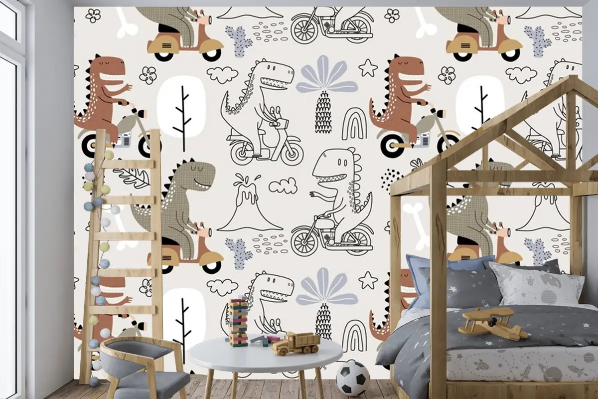 Sevimli Dinozorun Motosiklete Bindiği Kusursuz Desen Çocuk Odası Duvar Kağıdı