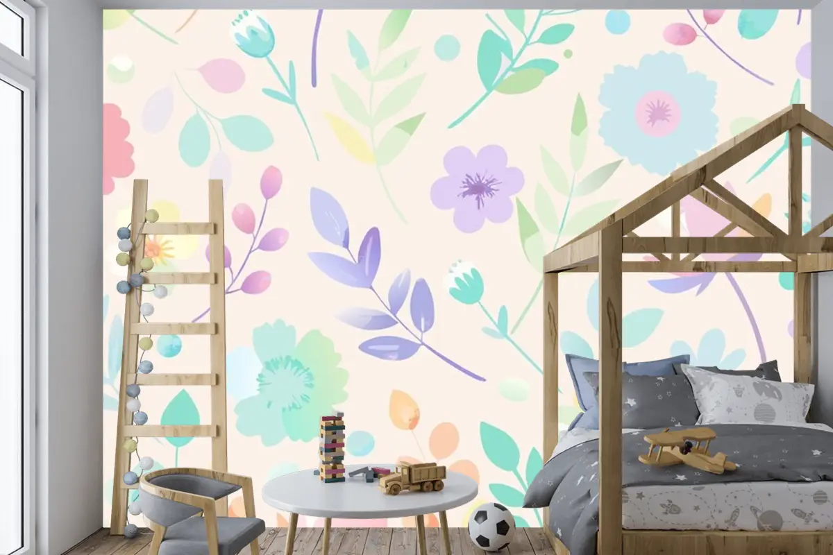 Pastel Renklerde Çiçekler Ve Yapraklarla Kusursuz Desen Çocuk Odası Duvar Kağıdı