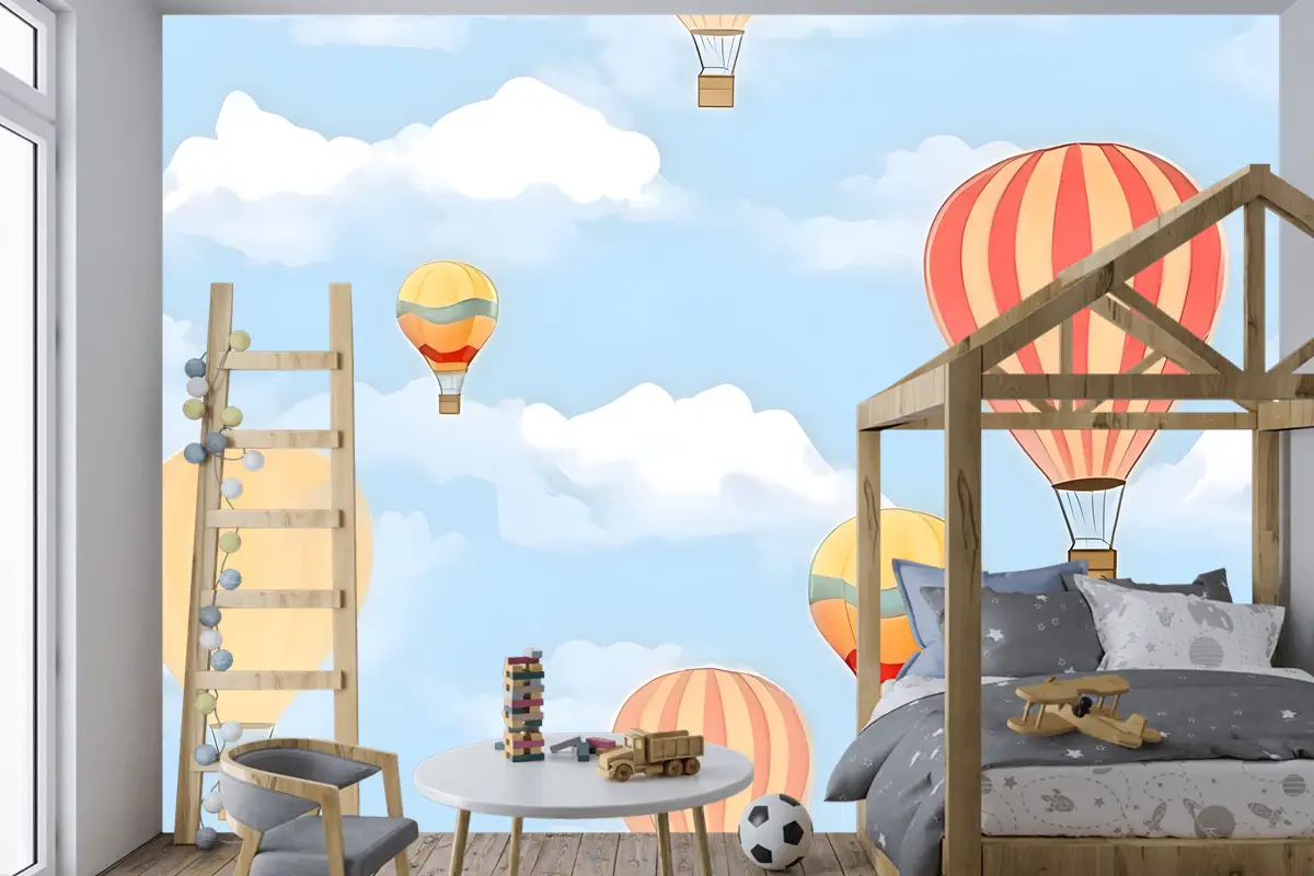 Gökyüzünde Sıcak Hava Balonları Ile Dikişsiz Desen Çocuk Odası Duvar Kağıdı