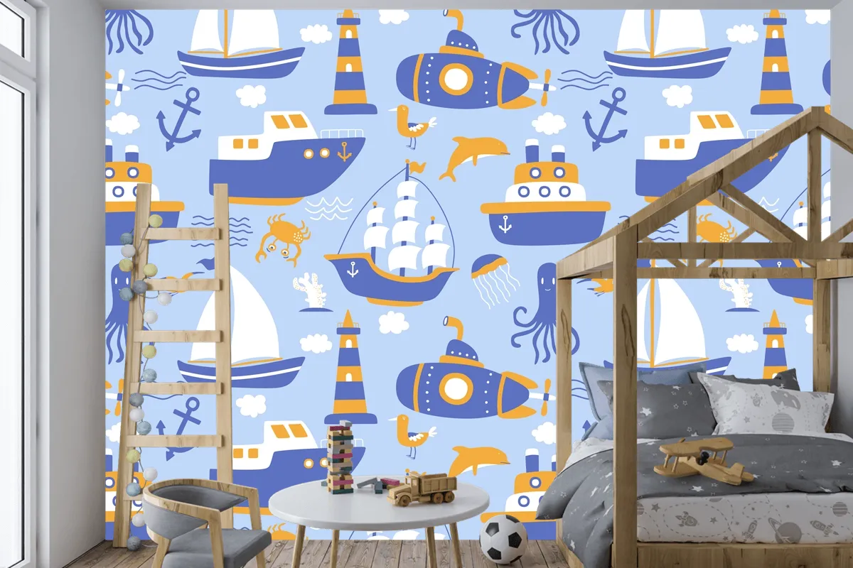 Gemiler Ile Seamless Modeli Çocuk Odası Duvar Kağıdı