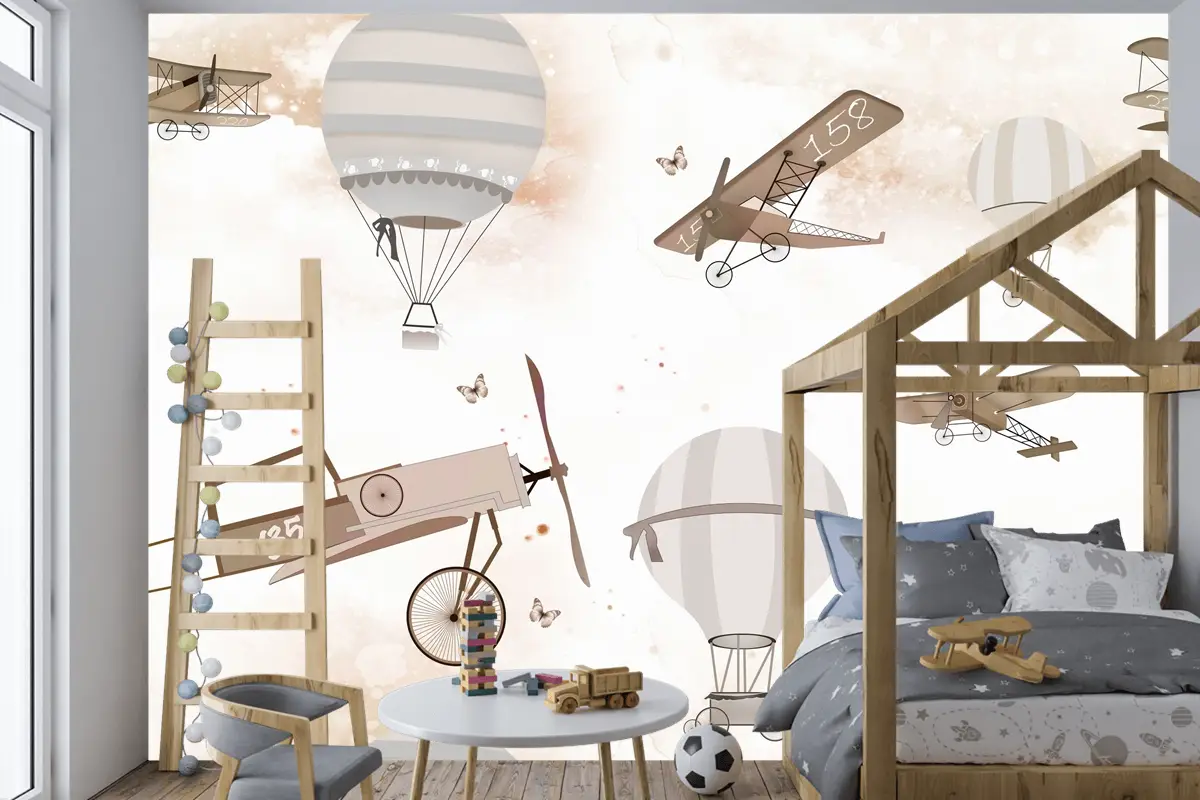 Sepya Uçaklar ve Sıcak Hava Balonları Temalı Çocuk Odası Duvar Kağıdı