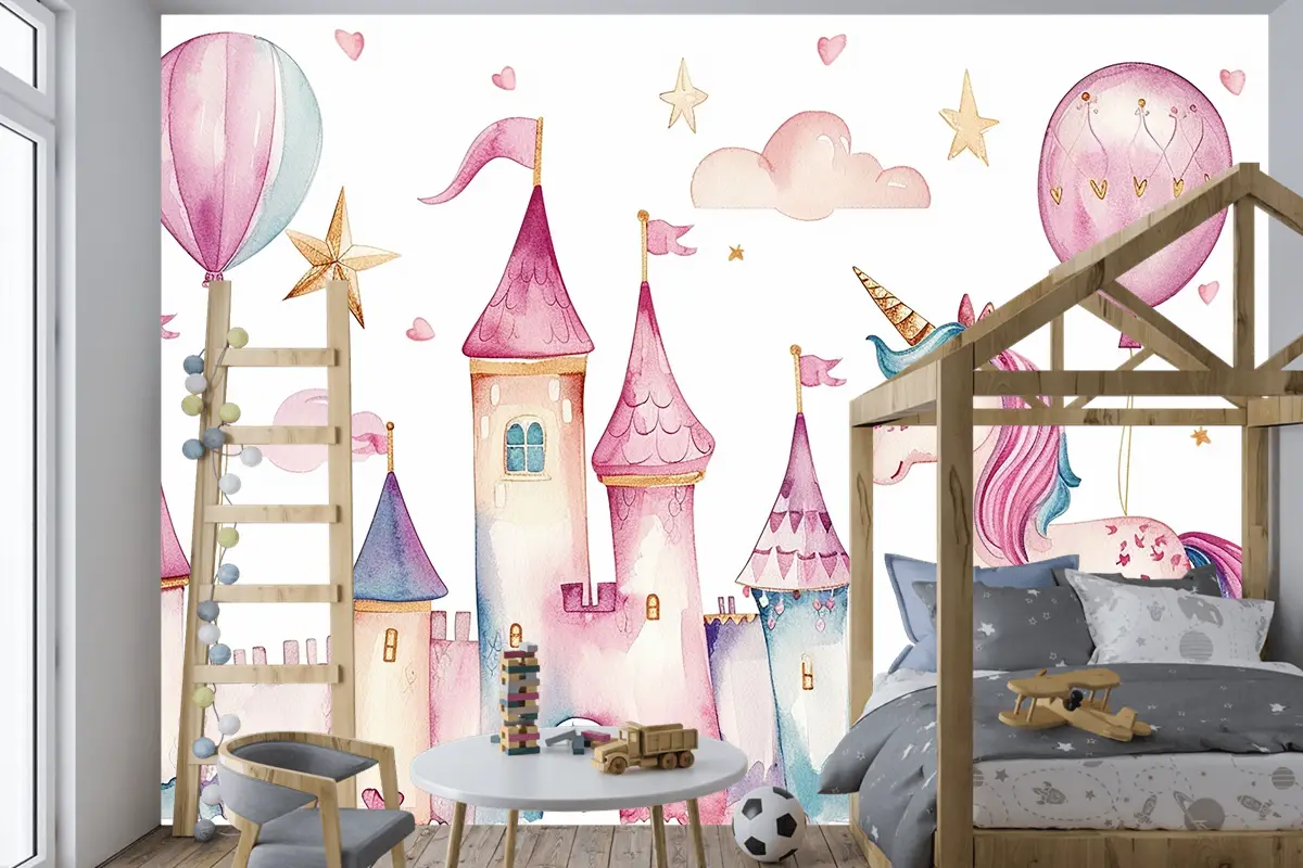 Çocuklar İçin Sevimli Suluboya Krallık Tek Boynuzlu At Ve Kale Seti Doğum Günü Partisi Çocuk Odası Duvar Kağıdı