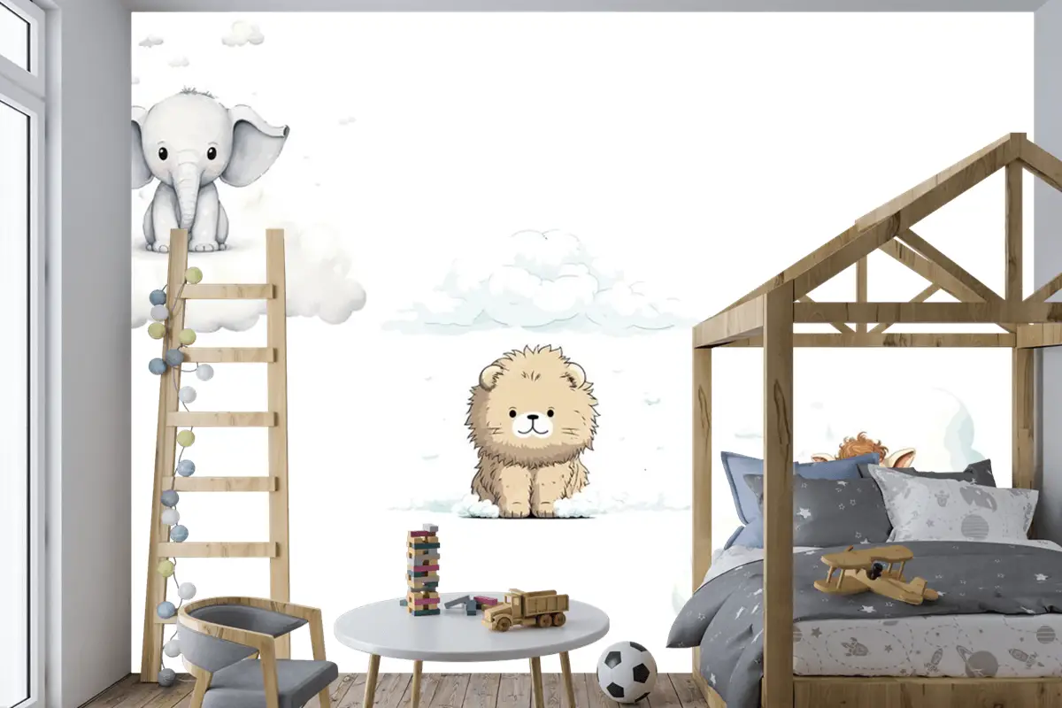 Sute Bebek Komik Hayvanlar Fil Zürafa Aslan Çocuk Odası Duvar Kağıdı Seti