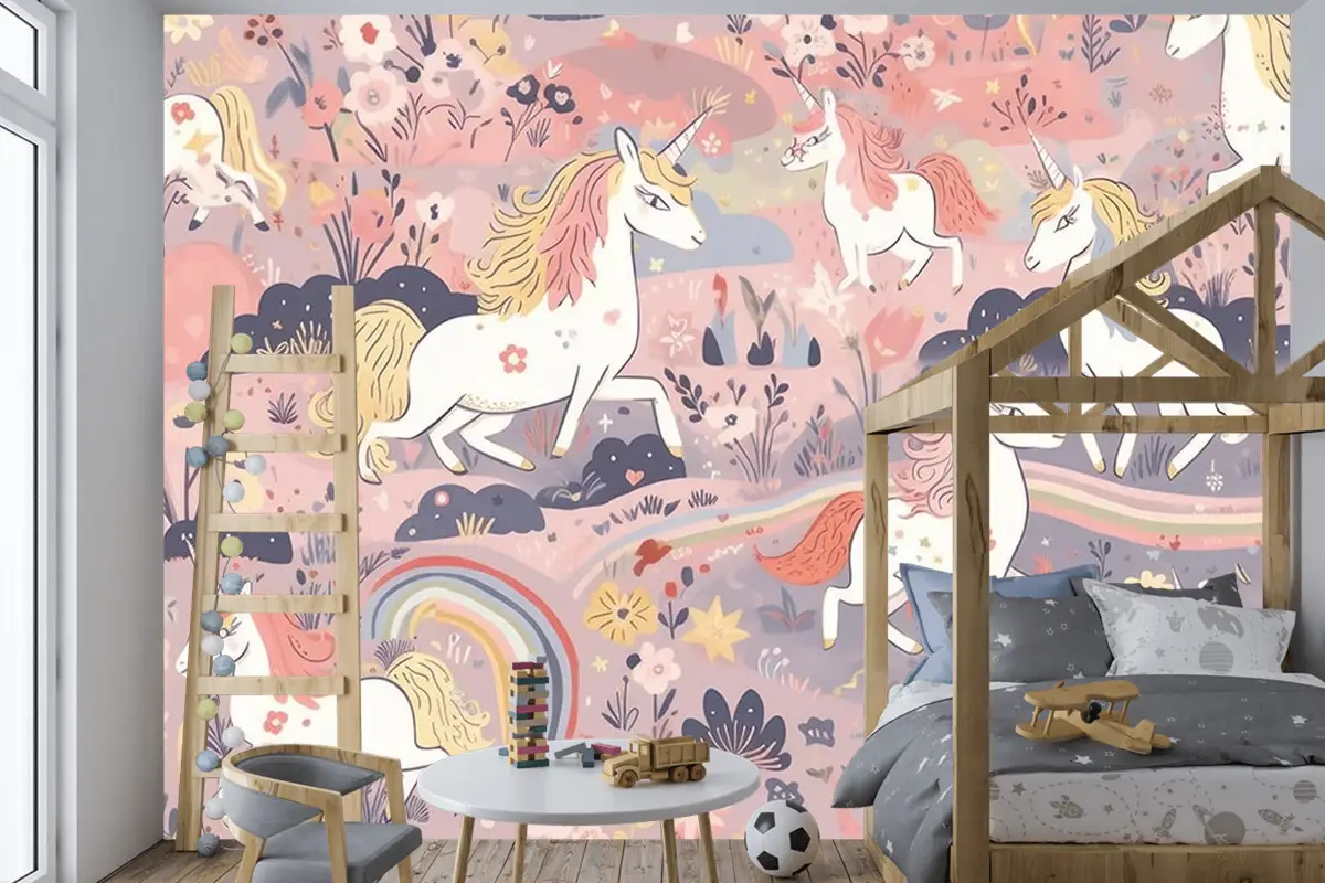 Sevimli Boynuzlu Atlar Çocuk Odası Duvar Kağıdı