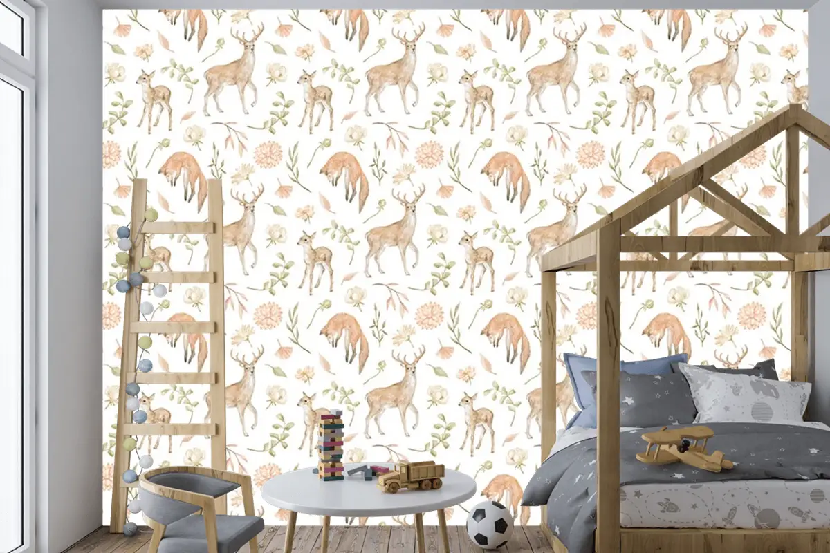 Sevimli Geyikler Ve Yapraklar Çocuk Odası Duvar Kağıdı