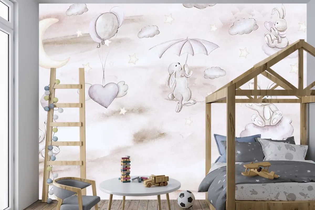 Sevimli Tavşanlar Bulutların Üzerinde Çocuk Odası Duvar Kağıdı