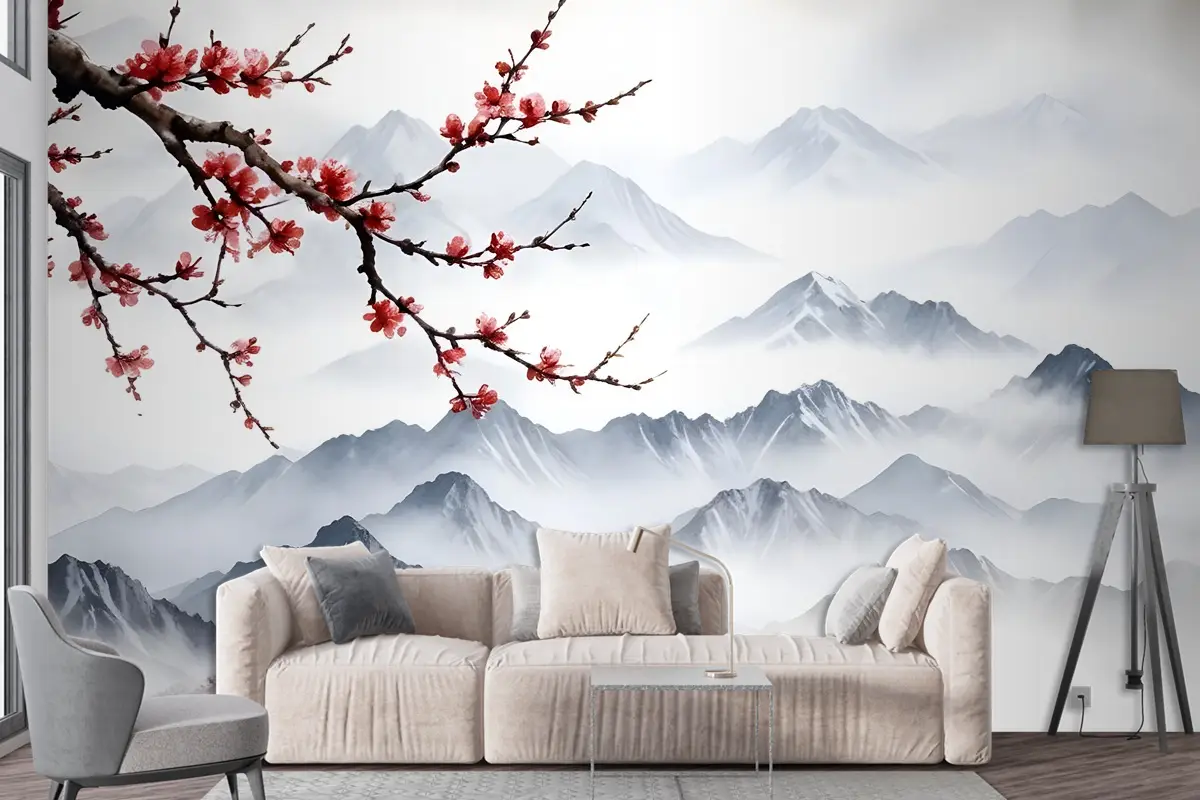 Kiraz Çiçeği Duvar Kağıdı  Ile Karlı Dağ Manzarası