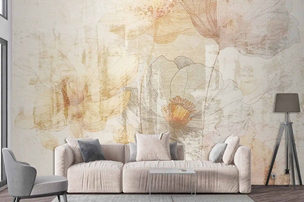 Solgun Renkli Çiçek Desenleri Vintage Duvar Kağıdı