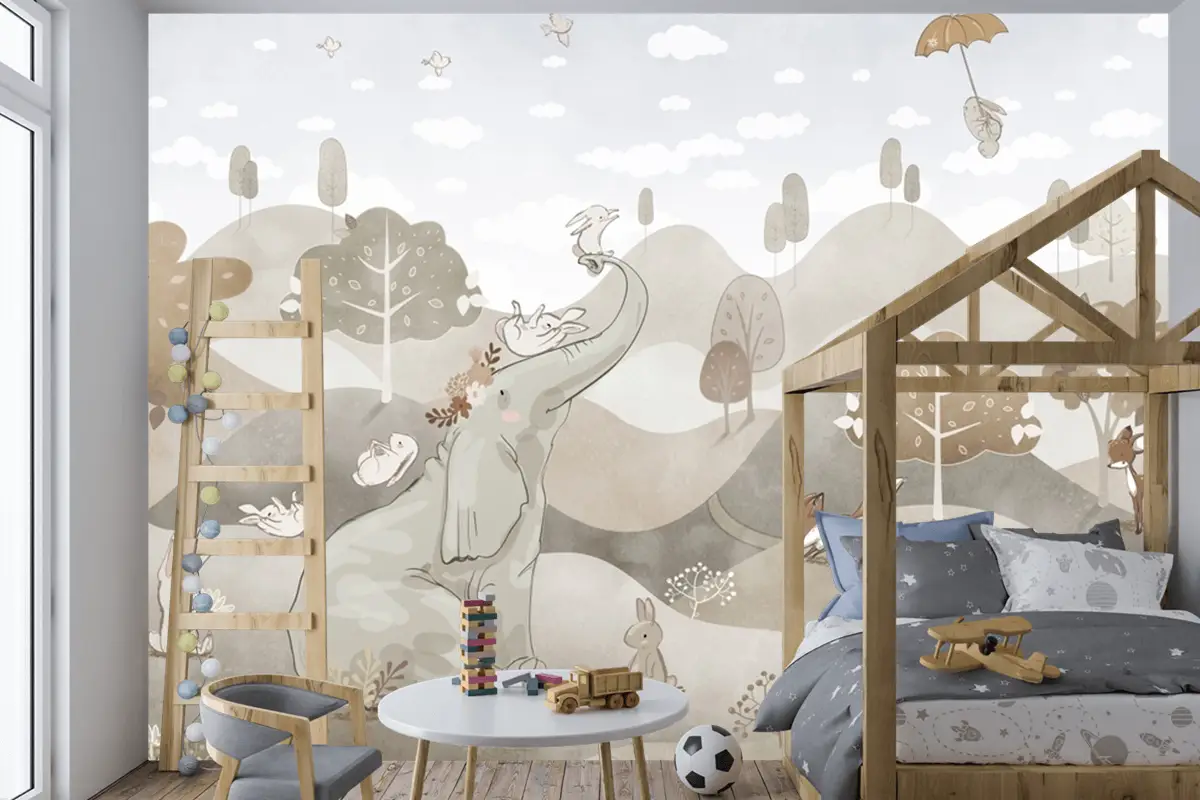 Soluk Renkler Fil Tavşan Suluboya Çocuk Duvar Kağıdı