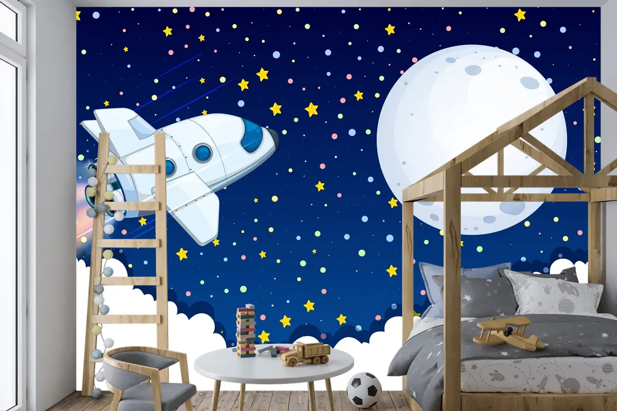 Aya Uçan Uzay Gemisi Çocuk Odası Duvar Kağıdı