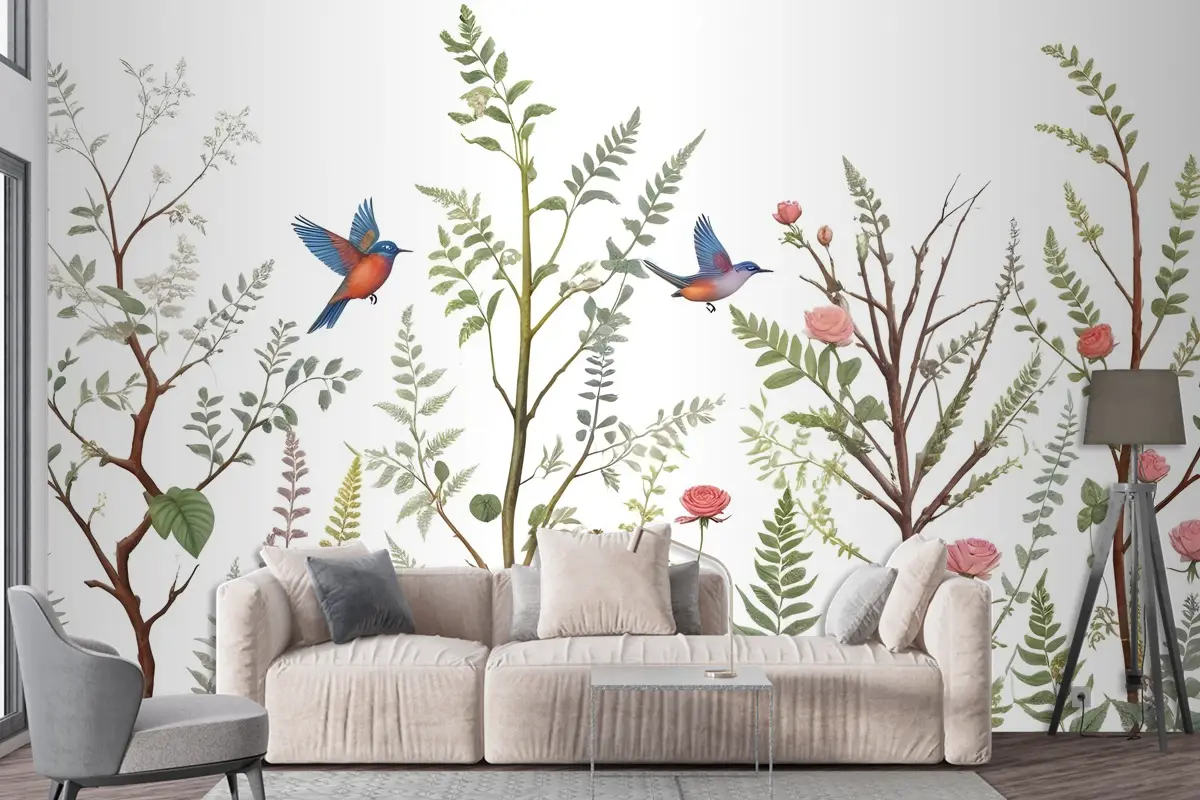 Ağaçlarda Kuşlarla Bahar Çiçeği Duvar Kağıdı