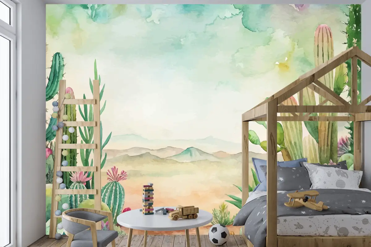 Etli Ve Kaktüs Suluboya Arka Plan Çocuk Odası Duvar Kağıdı