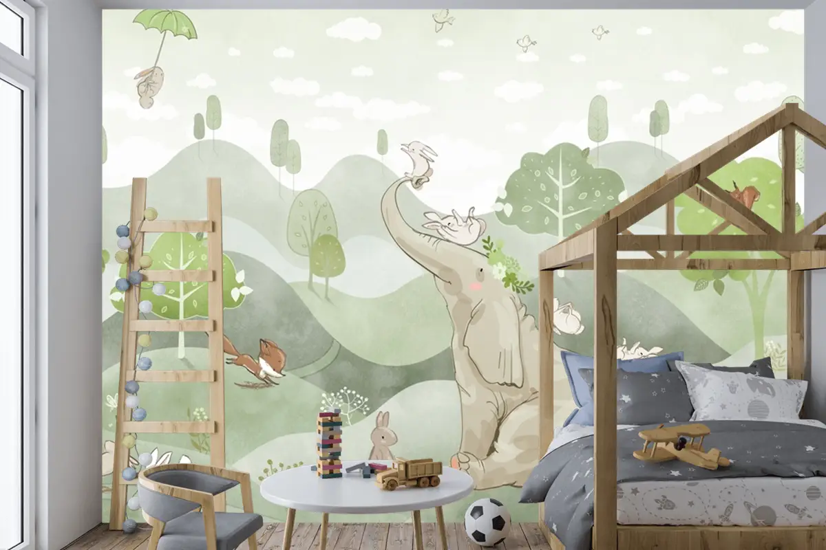 Suluboya Fil Tilki Geyik Bebek Odası Duvar Kağıdı