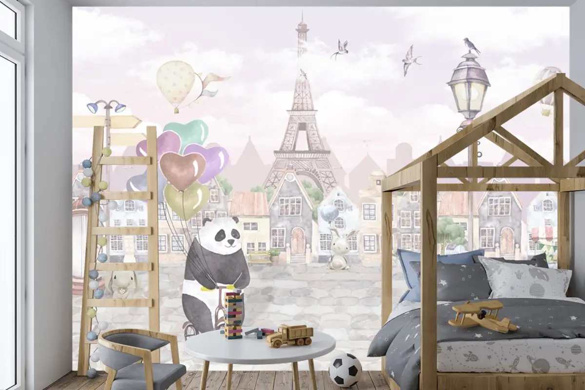 Suluboya Paris Sokağı Eski Şehir Bisikletli Panda Çocuk Bebek Odası Duvar Kağıdı