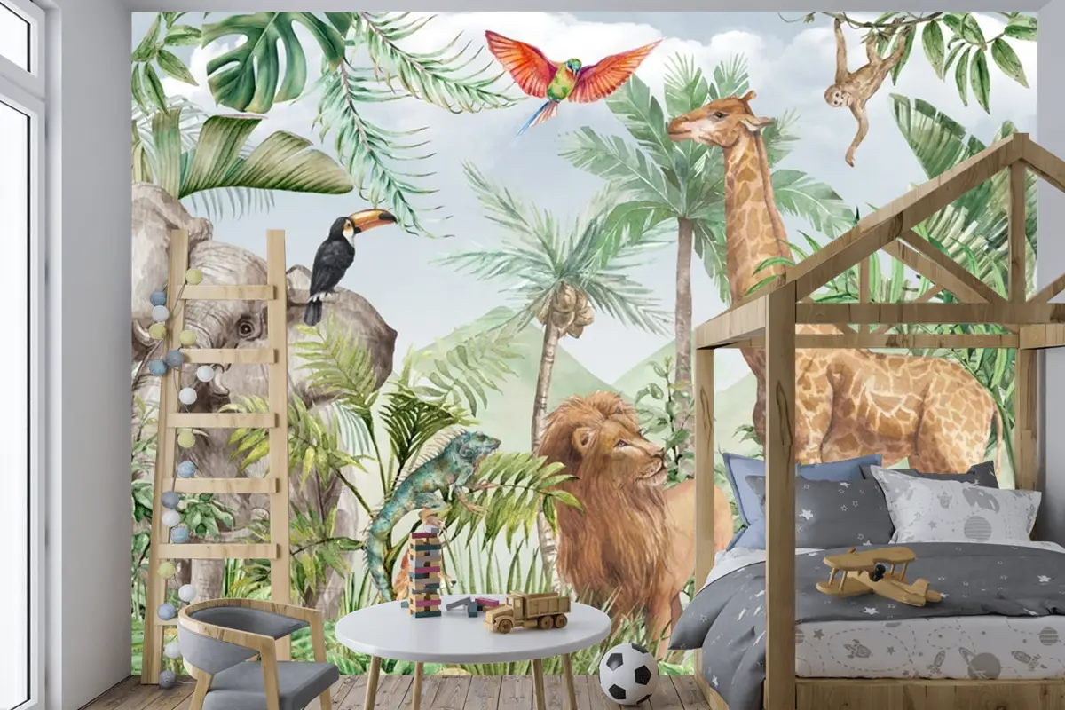 Suluboya Yaban Hayatı Afrika Hayvanları Çocuk Odası Duvar Kağıdı