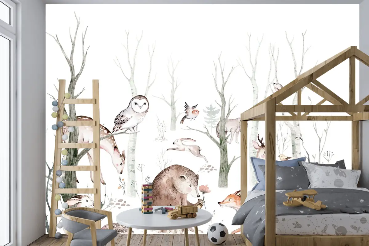 Tilki Geyik Ayı ve Orman Hayvanları Çocuk Odası Duvar Kağıdı