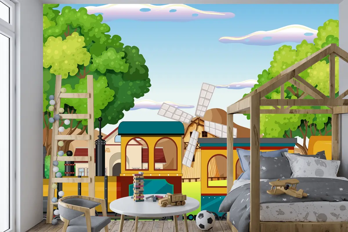 Doğal Sahneli Tren Çocuk Odası Duvar Kağıdı