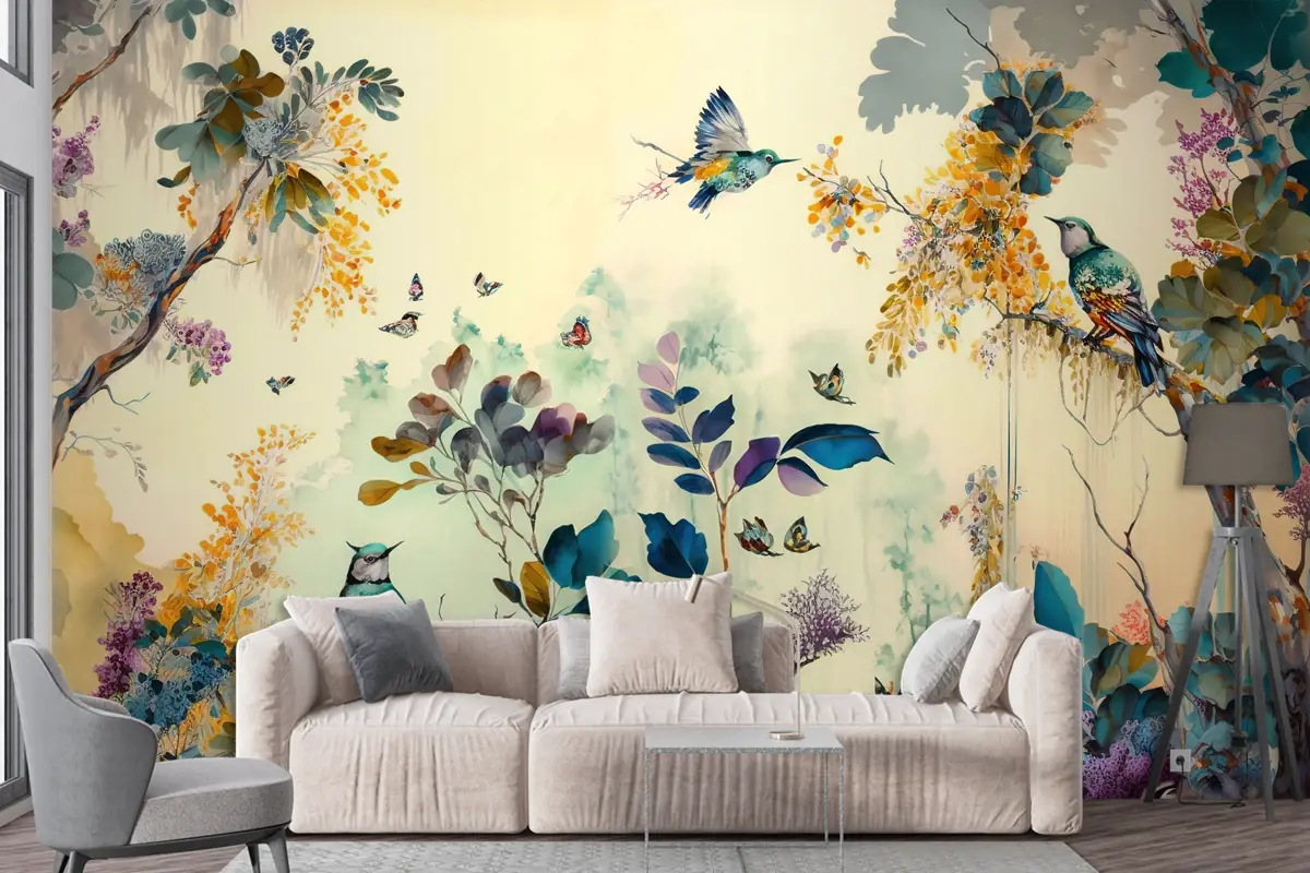 Tropikal Kuşlar Sarı Temalı Duvar Kağıdı