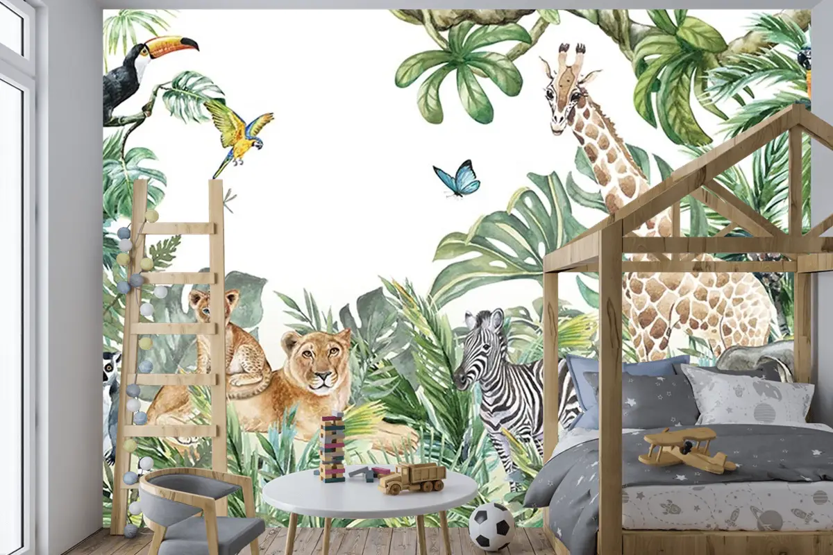 Tropikal Safari Hayvanlari Çocuk Odası Duvar Kağıdı