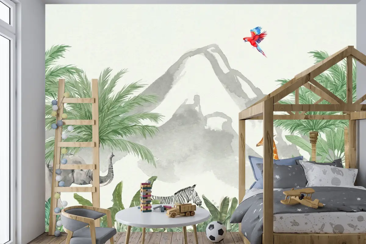 Tropikal Safari Hayvanları Suluboya Orman Çocuk Odası Duvar Kağıdı Tropikal Safari Hayvanları Suluboya Orman Çocuk Odası Duvar Kağıdı