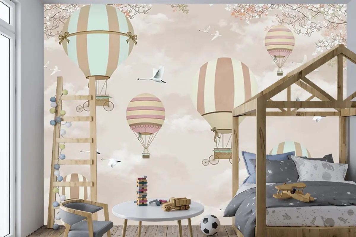 Uçan Balonlar  Çiçekler Ve Kuşlar Çocuk Odası Duvar Kağıdı