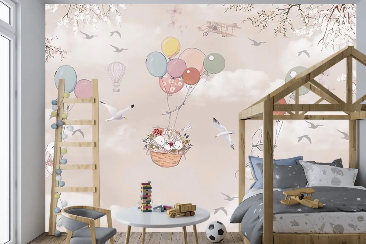 Uçan Balonlar Ve Sevimli Tavşanlar Çocuk Odası Duvar Kağıdı
