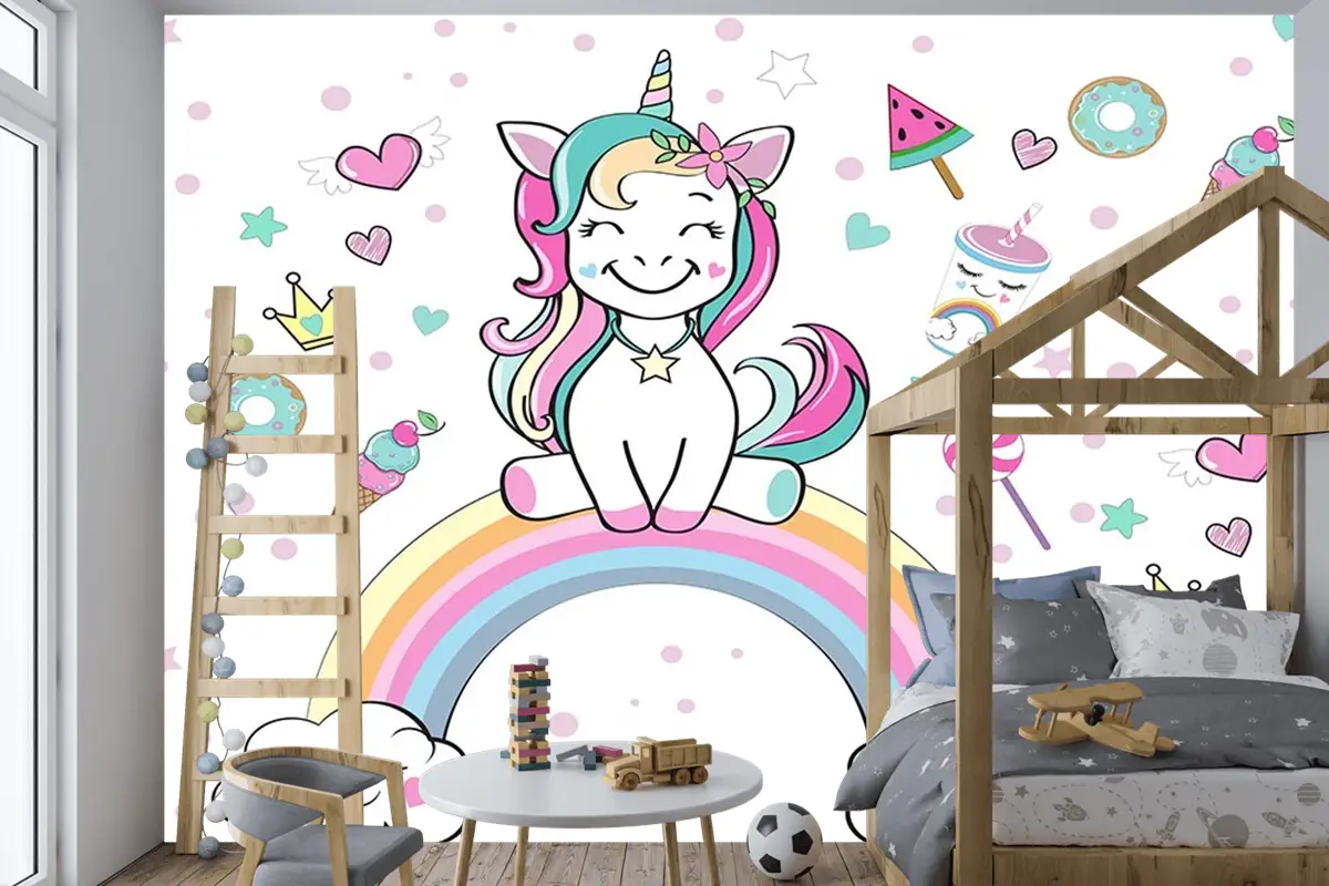 Unicorn Gökkuşağı Çocuk Odası Duvar Kağıdı