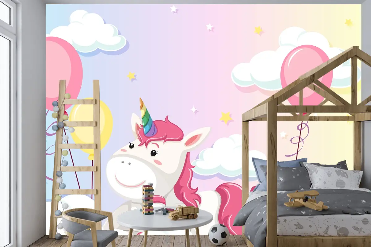 Tek Boynuzlu At Renkli Pastel Gökyüzü Arka Planında Bulutun Üzerinde Yatıyordu Çocuk Odası Duvar Kağıdı
