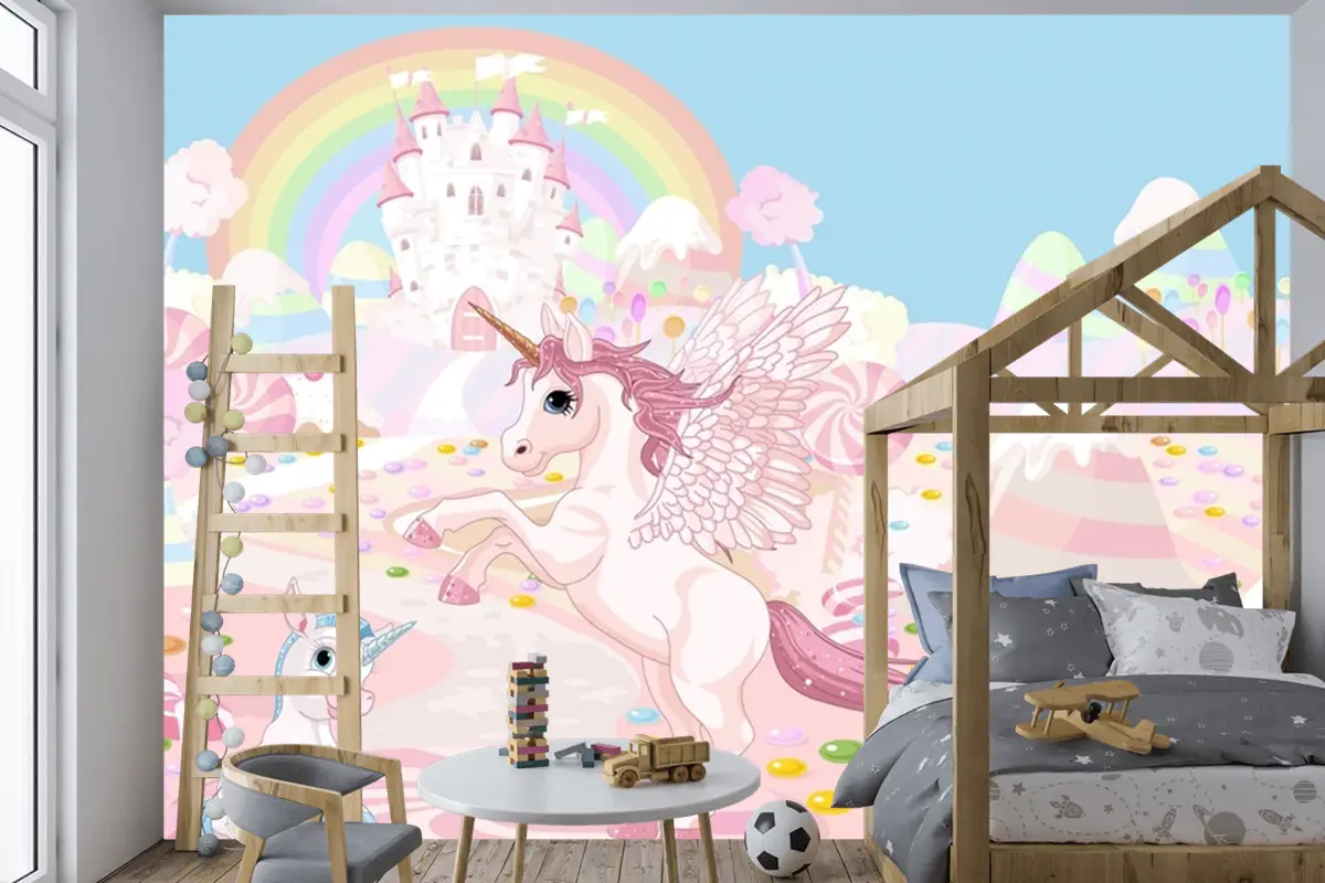 Unicorn Ve Gökkuşağı Duvar Sanatı Çocuk Odası Duvar Kağıdı
