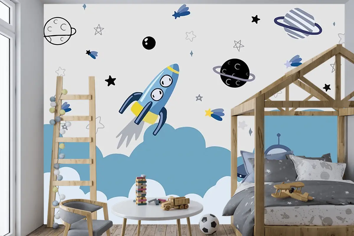 Uzay Temalı Çocuk Odası Duvar Kağıdı Astronot Çocuk Odası Duvar Kağıdı