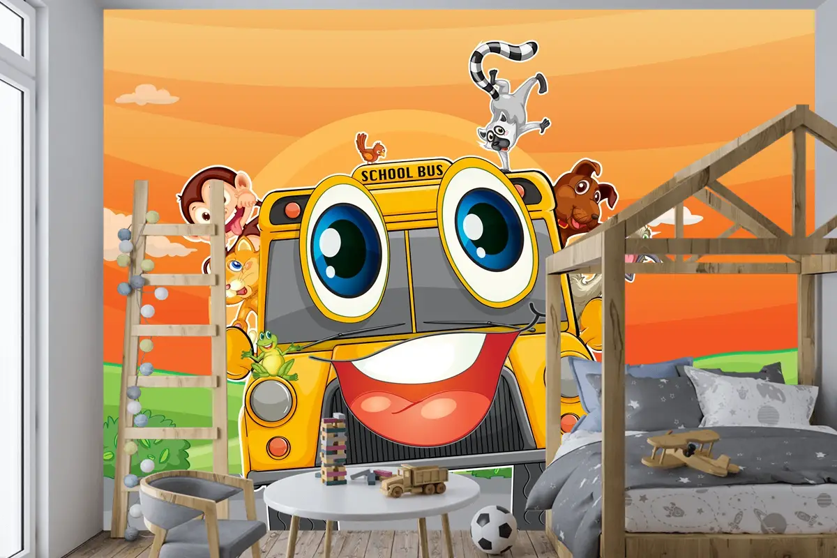 Okul Otobüsünde Çeşitli Hayvanlar Çocuk Odası Duvar Kağıdı