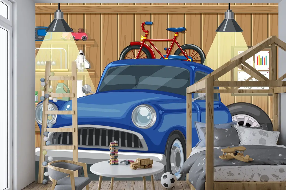 Ahşap Garajda Eski Model Araba Ve Bisiklet Çocuk Odası Duvar Kağıdı